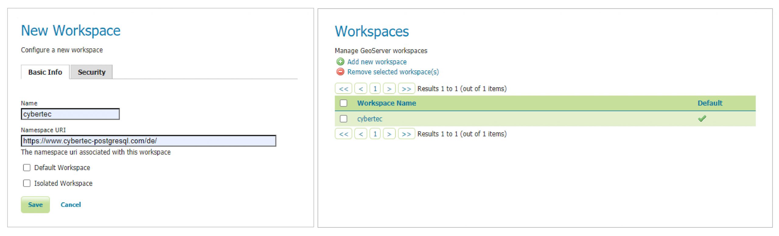 Figure 2 Geoserver Create new workspace / Figure 3 Geoserver Workspace overview