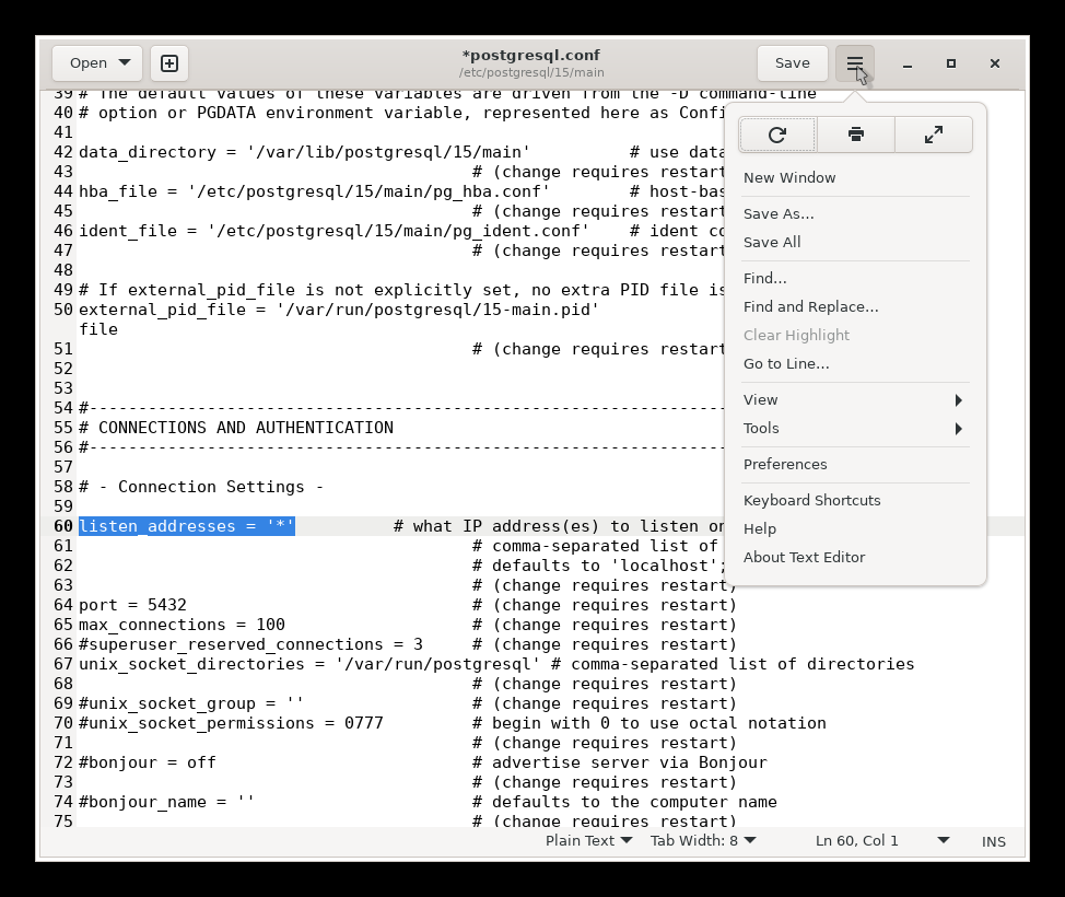 postgresql.conf in gedit (Ubuntu-22.04)