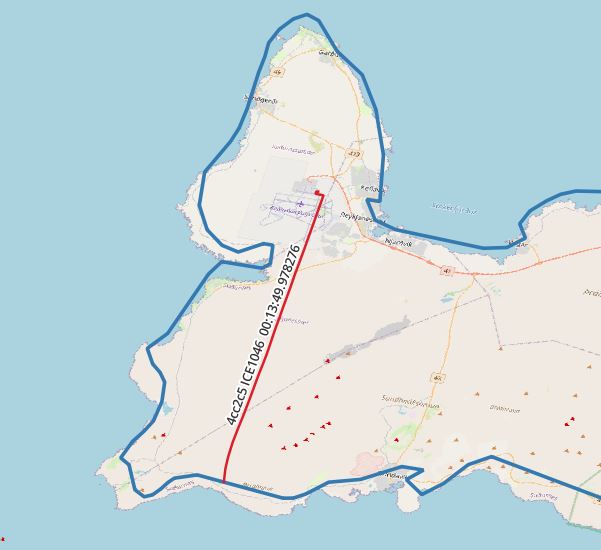 Figure 4 Clipped vector intersecting with Iceland, icao24 '4cc2c5' callsign 'ICE1046'