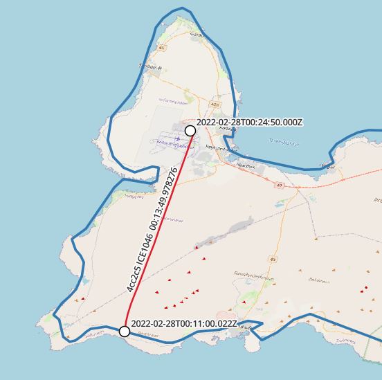 Figure 5 Border crossing, icao24 '4cc2c5' callsign 'ICE1046' - MobilityDB Blog