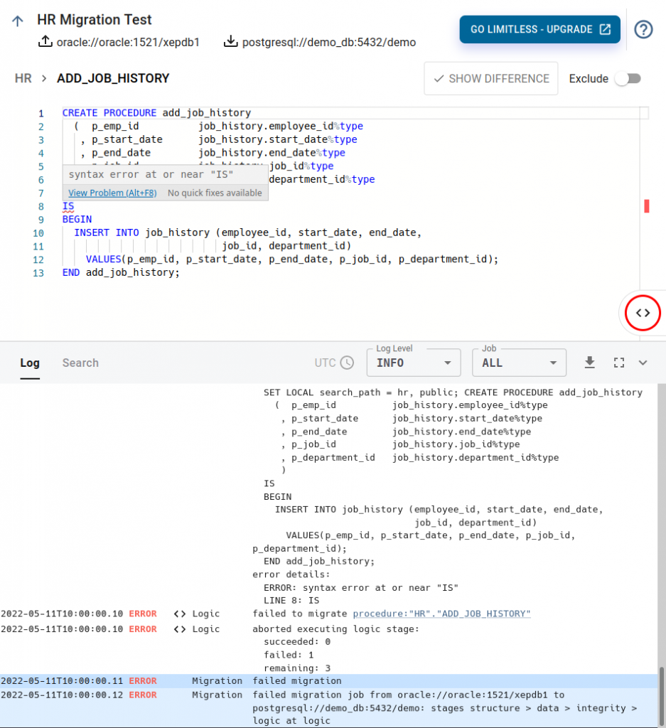 code editor with error from the CYBERTEC Migrator