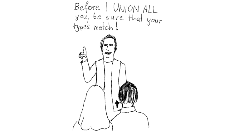 Cartoon about UNION ALL in PostgreSQL and type matching