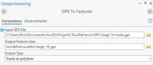 screenshot shows arcGIS GPX to features pro setup for 