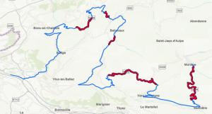 Map showing segments of tour de france stage 14 between 1000 and 5000 meters from PostGIS and ArcGIS Pro combined