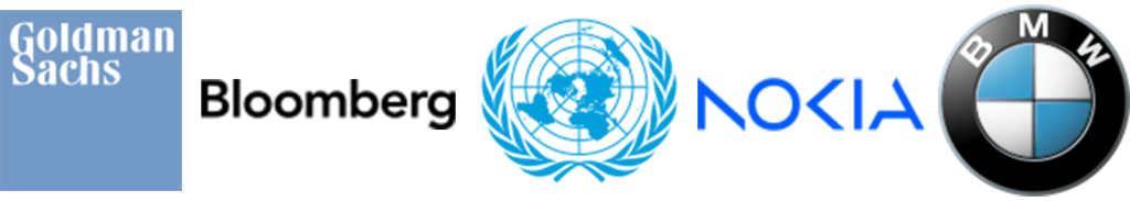 Logos of Goldman Sachs, Bloomberg, UN, Nokia and BMW
