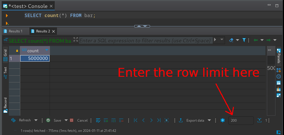 DBeaver with an arrow pointing to where you can configure the row limit