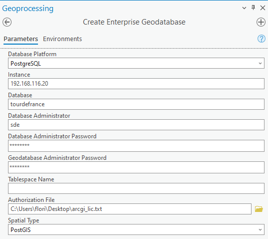 PostGIS ArcGIS setup screen