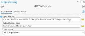 screenshot shows arcGIS GPX to features pro setup for