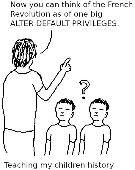 PostgreSQL comic - I compare the French Revolution to ALTER DEFAULT PRIVILEGES to teach my children history.