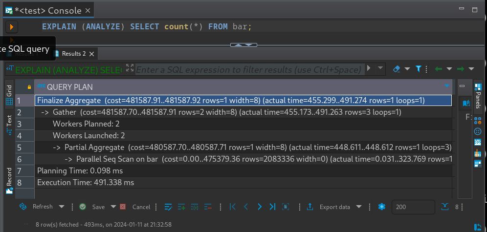 DBeaver running EXPLAIN (ANALYZE), which shows that parallel query is used