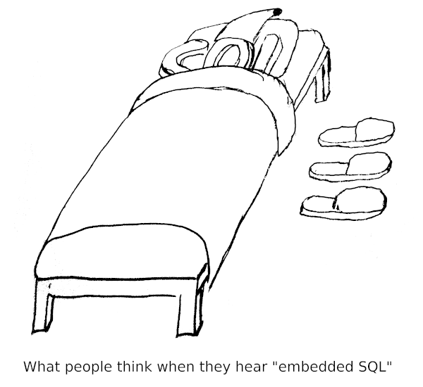 PostgreSQL embedded SQL taken literally - comic shows SQL letters sleeping in a bed