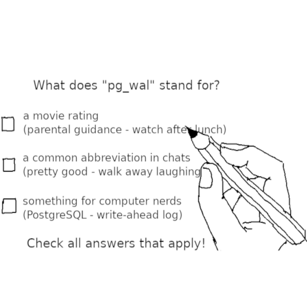 PostgreSQL Comic by Laurenz Albe, a multiple-choice test asks for the meaning of pg_wal and gives silly alternative answers