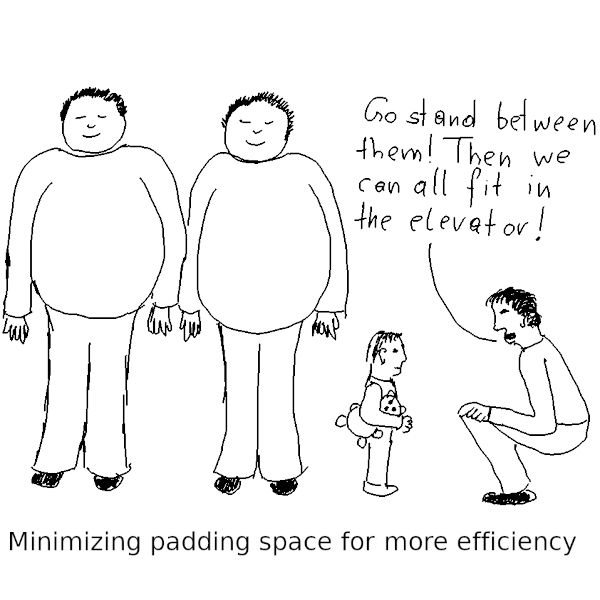 Padding bytes in real life: a man tells his child to stand between two big-bellied men so that they can all fit into the elevator