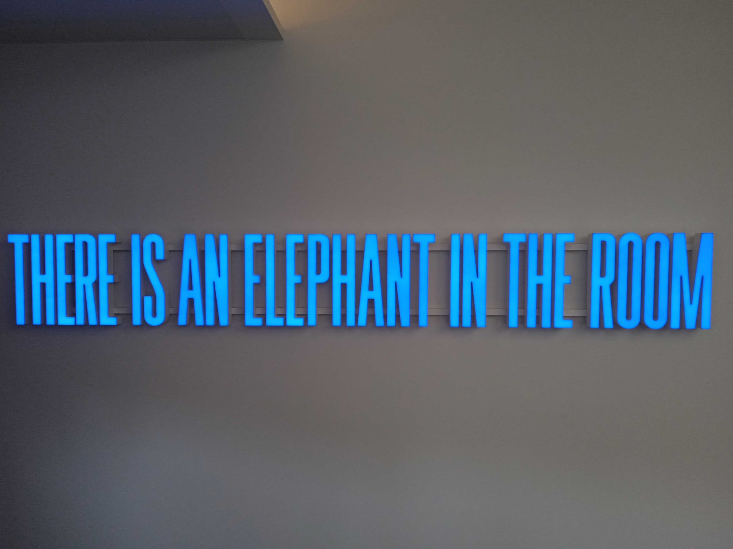 an art installation at the Swiss Database Synergy Day 2025 saying "the elephant in the room" in illuminated upper case blue letters